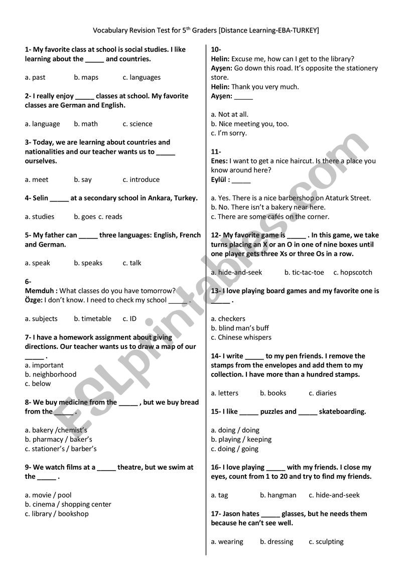 Vocabulary Revision Test for 5th Graders [Distance Learning-EBA-Turkiye]
